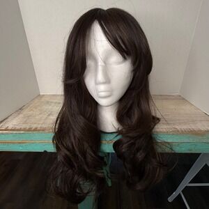 Long Dark Brown Wavy Wig with Bangs Synthetic Heat Resistant EUC